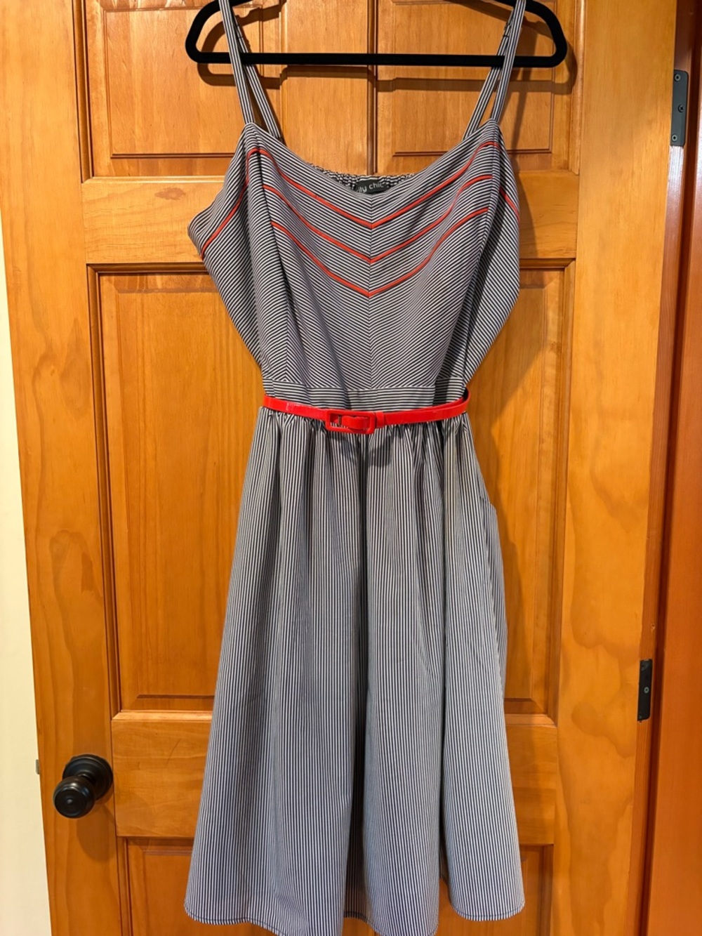 City Chic Black and White Striped Midi Dress with Red Belt